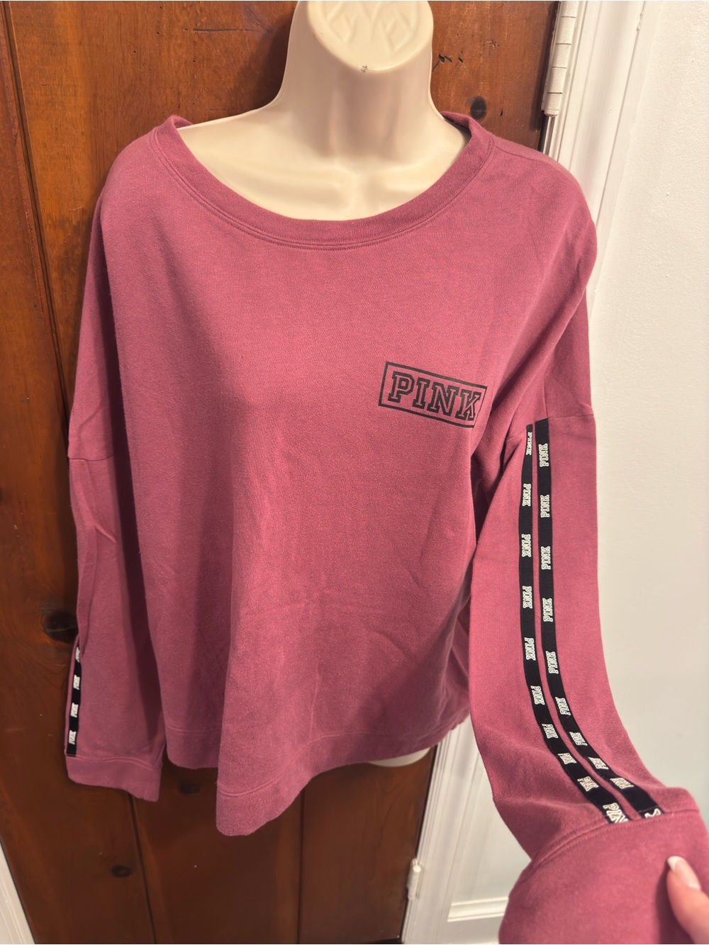 Victoria’s Secret PINK Burgundy Logo Tape Long Sleeve Sweatshirt Size Large